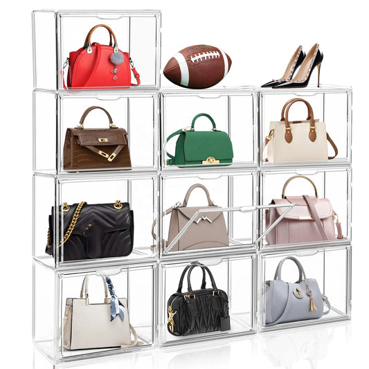10 Pack Transparent Handbag Display Case Cabinet Foldable Stackable Plastic Handbag Purse Storage Organizer Container Box