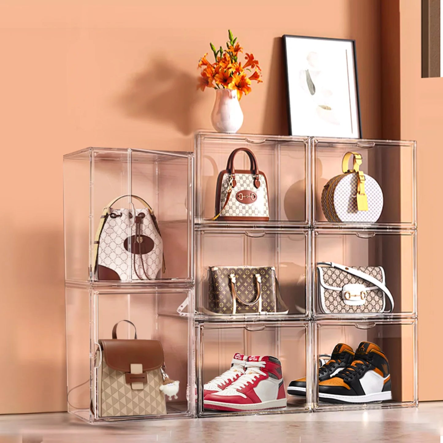 10 Pack Transparent Handbag Display Case Cabinet Foldable Stackable Plastic Handbag Purse Storage Organizer Container Box