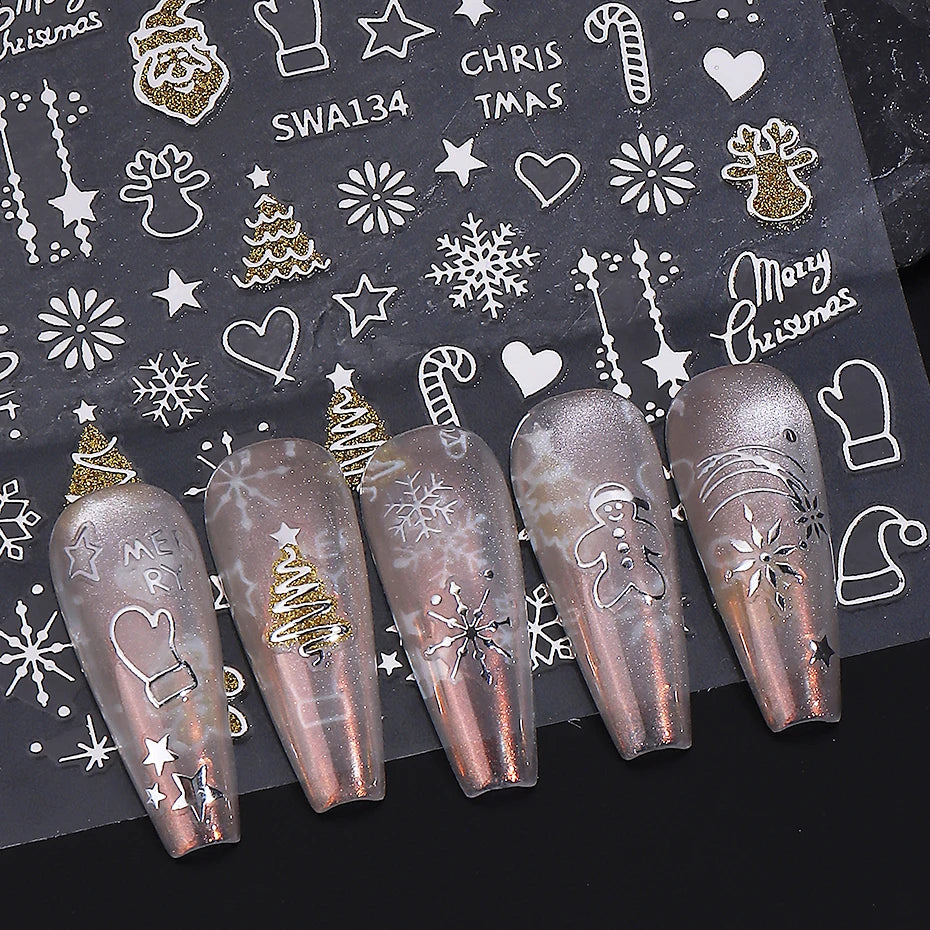 2pcs Christmas Nail Art Stickers Glitter Gold Silver Snowflake Xmas Tree Gingerbread DIY Nail Decoration Winter Manicure Decals