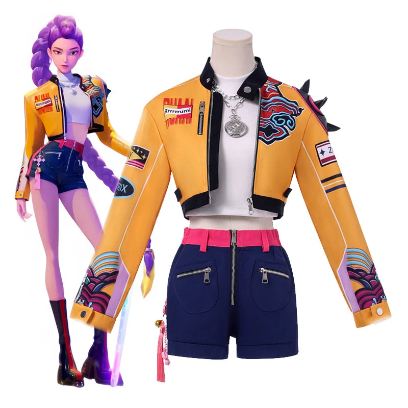 Rumi Cosplay Costume Anime Movie KPop Demon Hunters Yellow Jacket Huntrix Uniform Earrings Shorts Halloween Women Girls