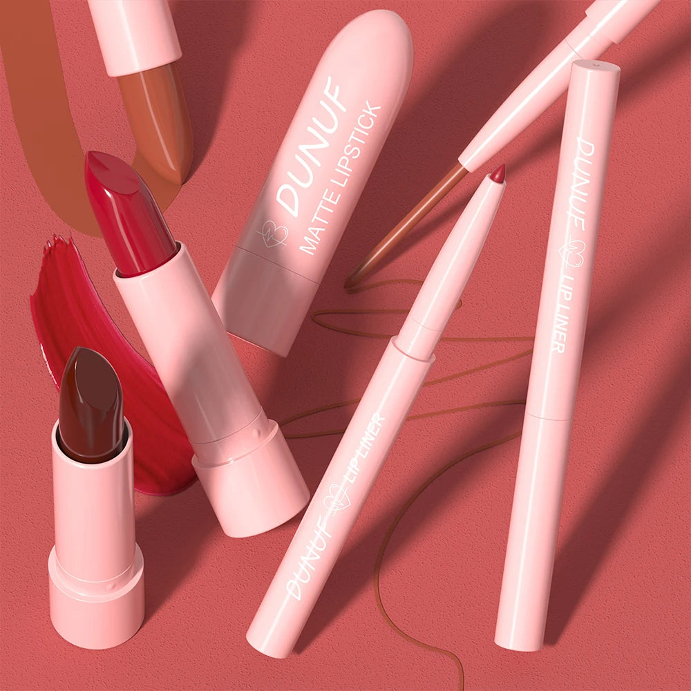 Red Brown Matte Lipstick Lip Liner Set Waterproof Long Lasting Hydrating Non Sticky Contour Lip Makeup