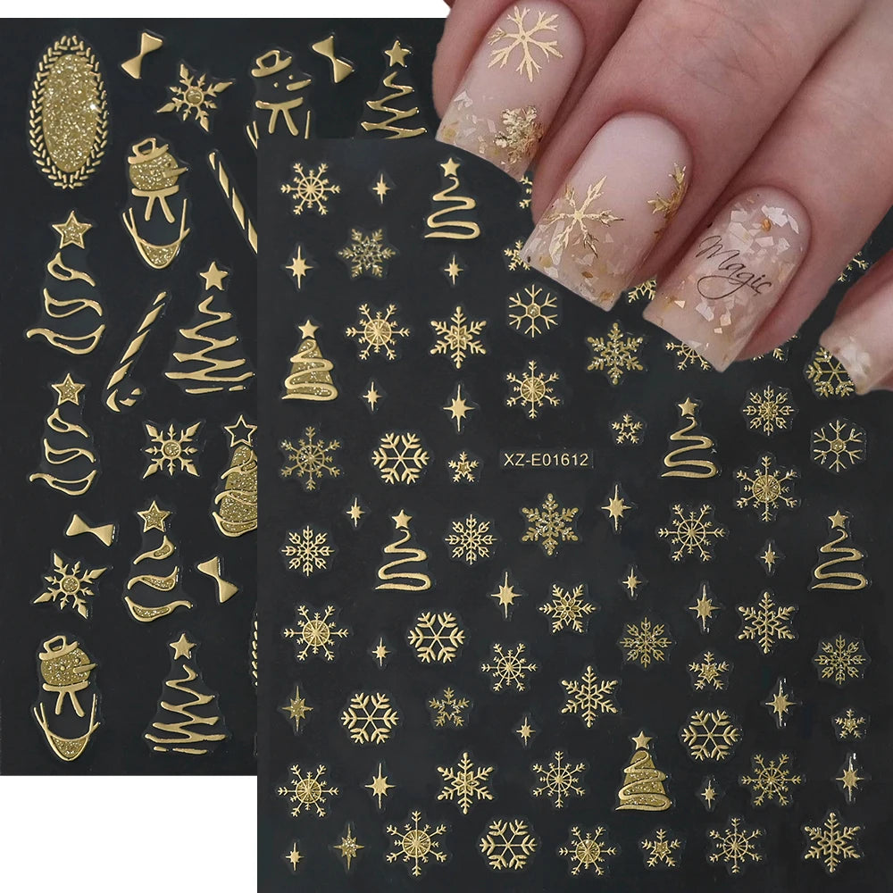 2pcs Luxury Gold Christmas 3D Nail Sticker Glitter Snowflakes Xmas Tree Gingerbread Nail Decals Adhesive Winter Xmas Nail Slider