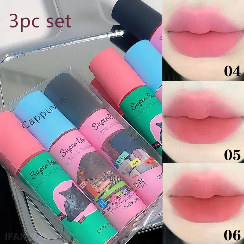 1PC/3PC Lovely Cat Collage Lipgloss Long Lasting Matte Lipstick Lip Makeup Tint Nude Red Lipgloss Waterproof Lipstick Cosmetics