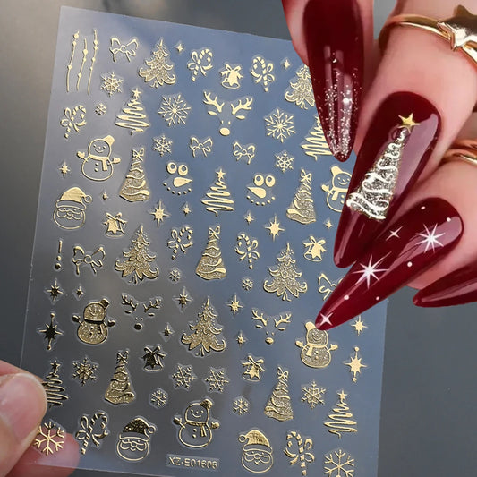 1Pcs 3D Gold Santa Claus Christmas Tree Nail Sticker Bronzing Shiny Snowflake Elk Bowknot Star Elegant Winter Xmas Nail Decals&%