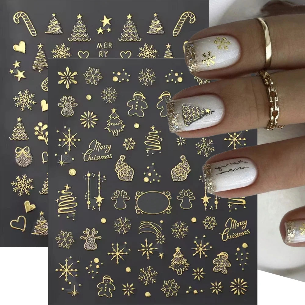 2pcs Luxury Gold Christmas 3D Nail Sticker Glitter Snowflakes Xmas Tree Gingerbread Nail Decals Adhesive Winter Xmas Nail Slider