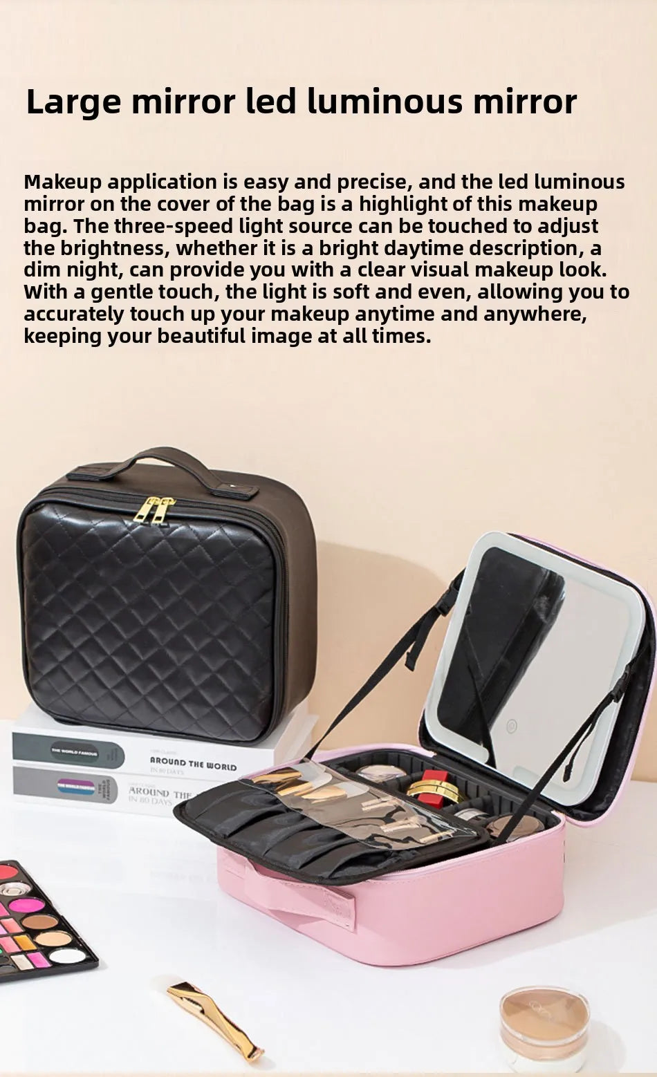 Premium LED Travel Cosmetic Bag with Mirror Women's Portable Large Capacity Makeup Brush Case Portable Partition Beauty Bag