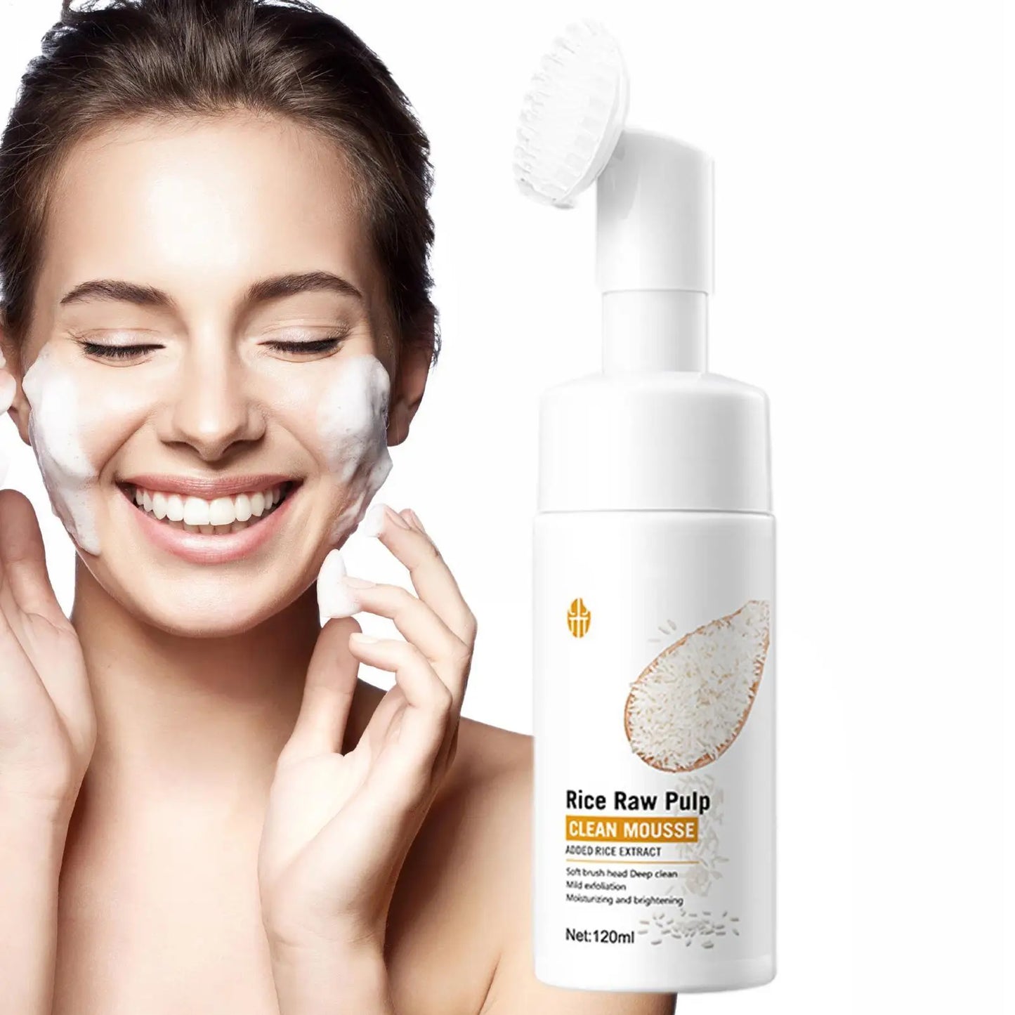 Rice Water Face Cleanser Rice Raw Pulp Foaming Facial Cleanser 120ml Soothing Facial Cleanser With Brush Head Clear Face Wash