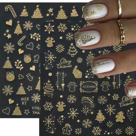 2pcs Luxury Gold Christmas 3D Nail Sticker Glitter Snowflakes Xmas Tree Gingerbread Nail Decals Adhesive Winter Xmas Nail Slider