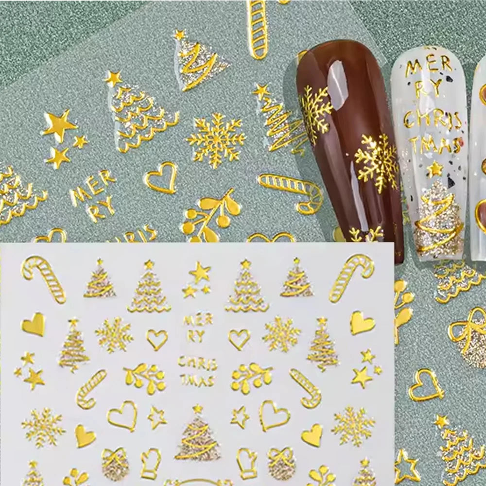 2pcs Luxury Gold Christmas 3D Nail Sticker Glitter Snowflakes Xmas Tree Gingerbread Nail Decals Adhesive Winter Xmas Nail Slider