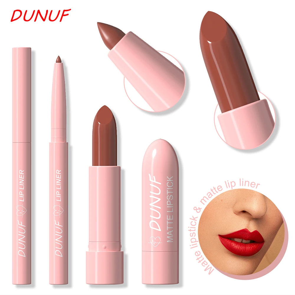 Red Brown Matte Lipstick Lip Liner Set Waterproof Long Lasting Hydrating Non Sticky Contour Lip Makeup