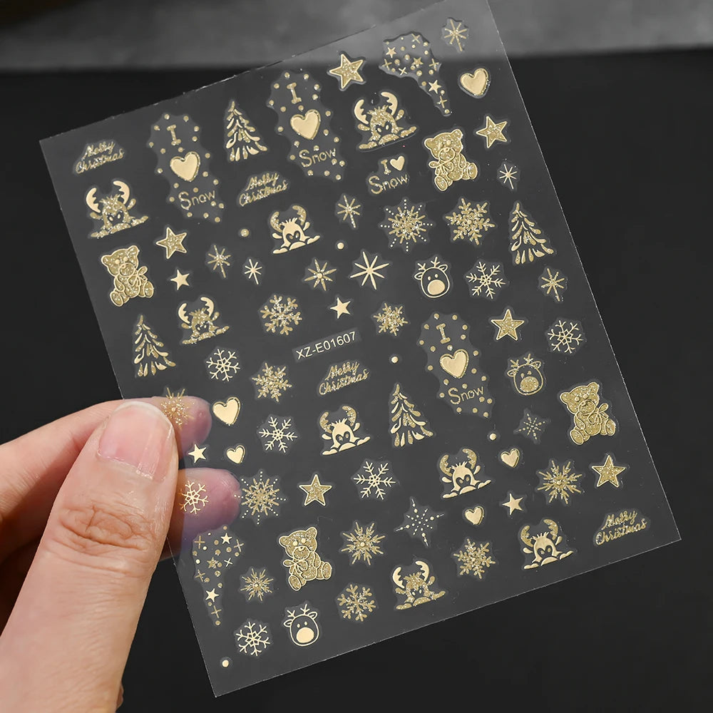 1Pcs 3D Gold Santa Claus Christmas Tree Nail Sticker Bronzing Shiny Snowflake Elk Bowknot Star Elegant Winter Xmas Nail Decals&%