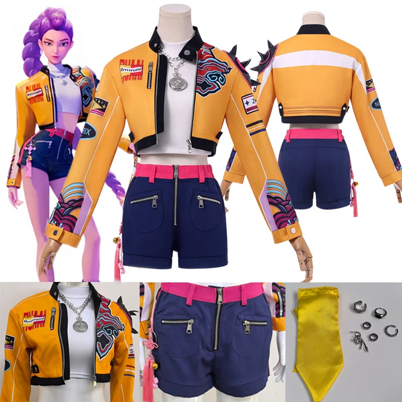 Rumi Cosplay Costume Anime Movie KPop Demon Hunters Yellow Jacket Huntrix Uniform Earrings Shorts Halloween Women Girls