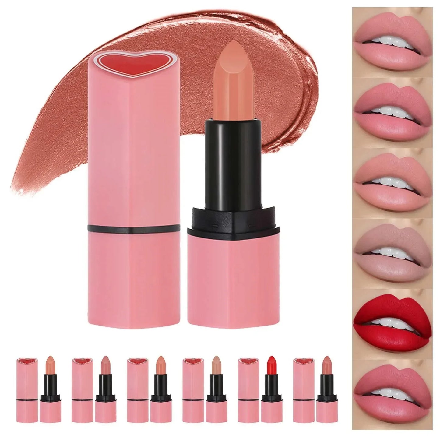 Cute Love Heart Lipstick Velvet Matte Nude Lipstick Pink Red Waterproof Lasting Lipsticks Stain Lip Balm Set Lip Tint Makeup
