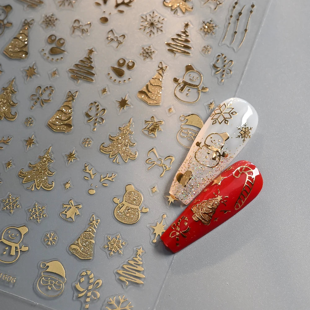 1Pcs 3D Gold Santa Claus Christmas Tree Nail Sticker Bronzing Shiny Snowflake Elk Bowknot Star Elegant Winter Xmas Nail Decals&%