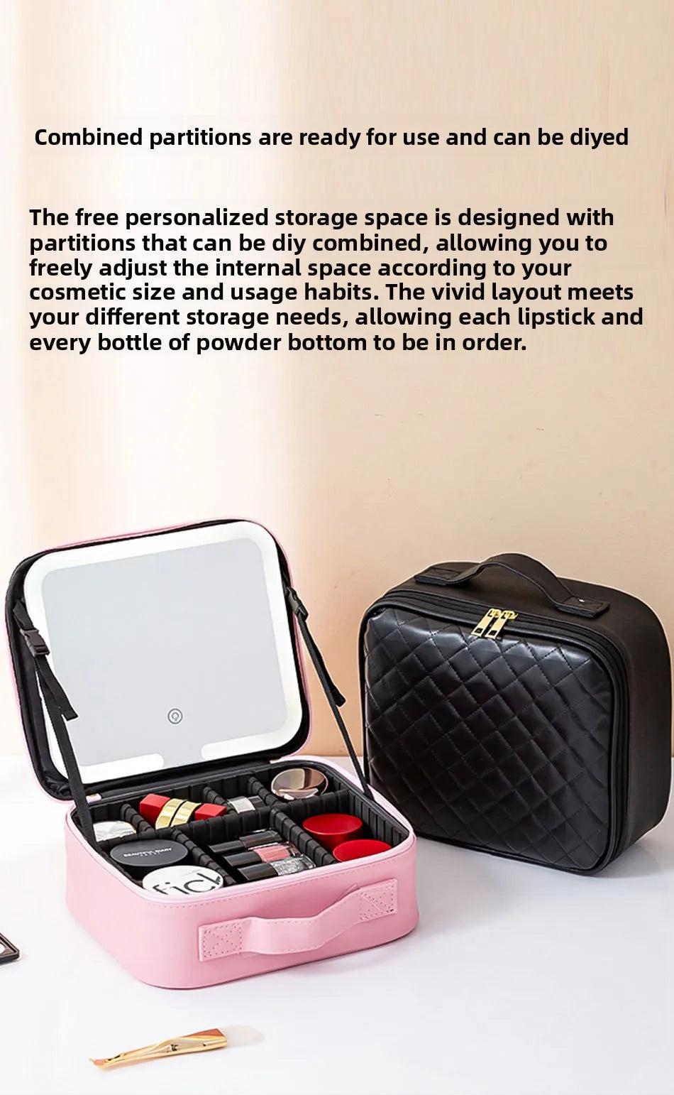 Premium LED Travel Cosmetic Bag with Mirror Women's Portable Large Capacity Makeup Brush Case Portable Partition Beauty Bag