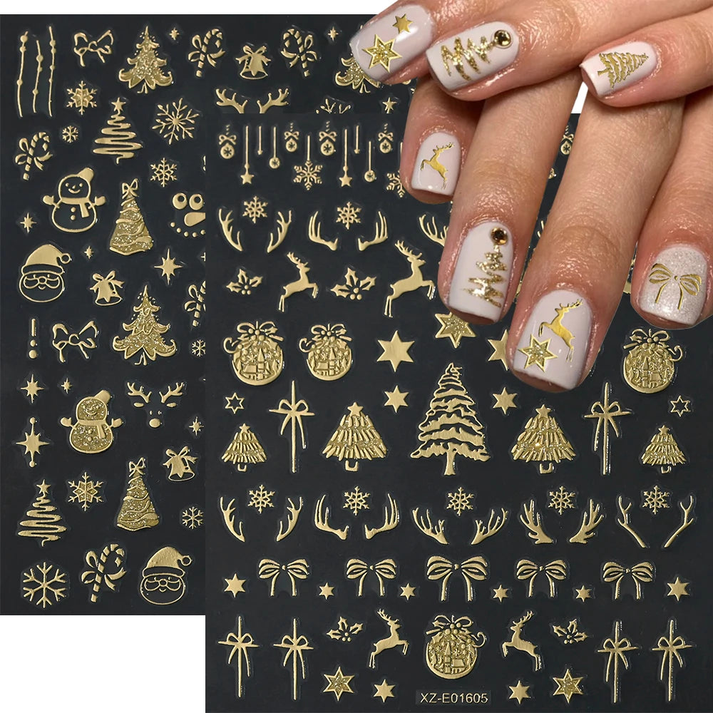 2pcs Luxury Gold Christmas 3D Nail Sticker Glitter Snowflakes Xmas Tree Gingerbread Nail Decals Adhesive Winter Xmas Nail Slider