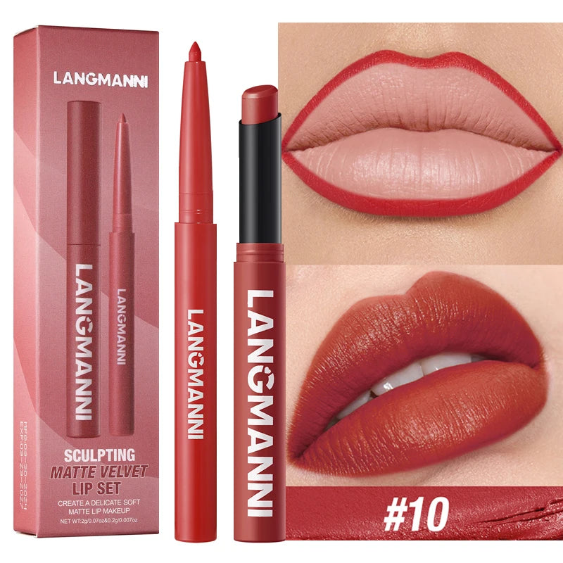 2Pcs/Set Matte Lipstick Lip Liner Pencil Non-Stick Cup Long-Lasting Velvet Red Lipstick Pen Smooth Lipliner Waterproof Makeup