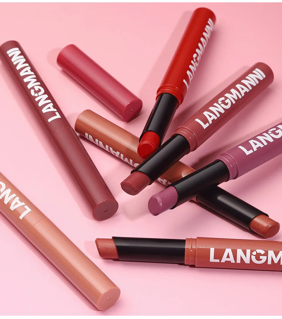 2Pcs/Set Matte Lipstick Lip Liner Pencil Non-Stick Cup Long-Lasting Velvet Red Lipstick Pen Smooth Lipliner Waterproof Makeup