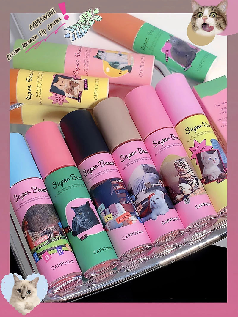 1PC/3PC Lovely Cat Collage Lipgloss Long Lasting Matte Lipstick Lip Makeup Tint Nude Red Lipgloss Waterproof Lipstick Cosmetics