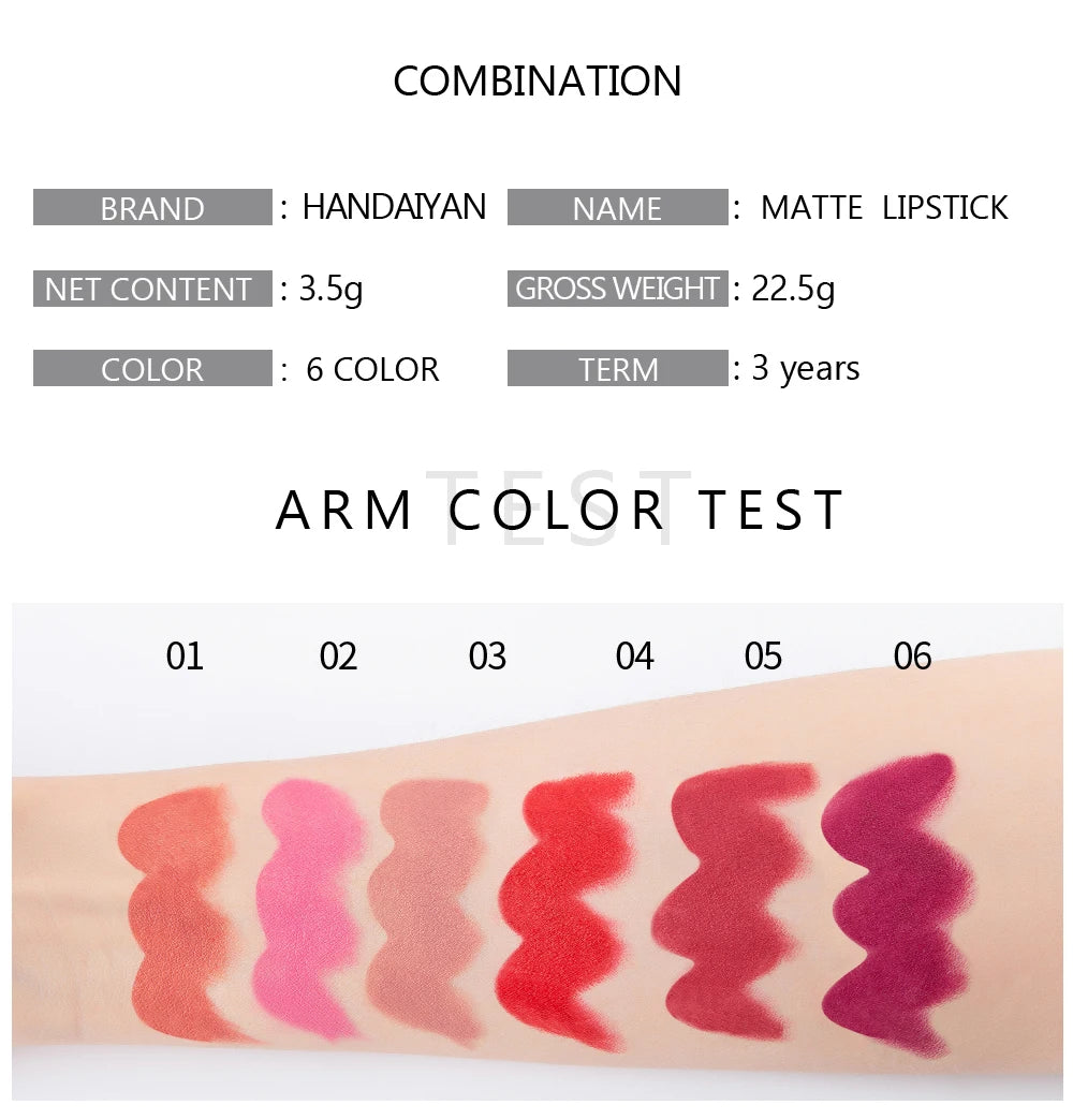 Moisturizing Matte Lipstick 6 Shades Long Lasting Non Transfer Nude Lip Gloss HANDAIYAN Cosmetics For Ladies