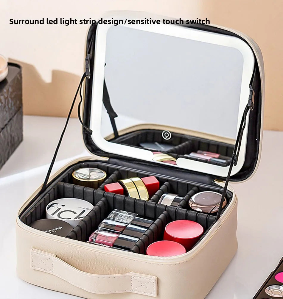 Premium LED Travel Cosmetic Bag with Mirror Women's Portable Large Capacity Makeup Brush Case Portable Partition Beauty Bag