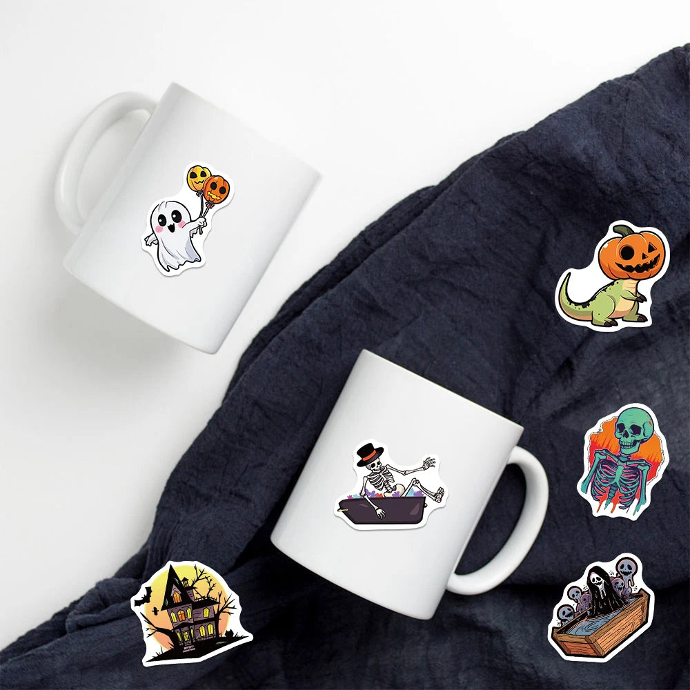 50PCS Cute Halloween Stickers Cartoon Ghost Pumpkin Castle Black Cat Pumpkin Skull Bat Creative Personality Celebration Festival