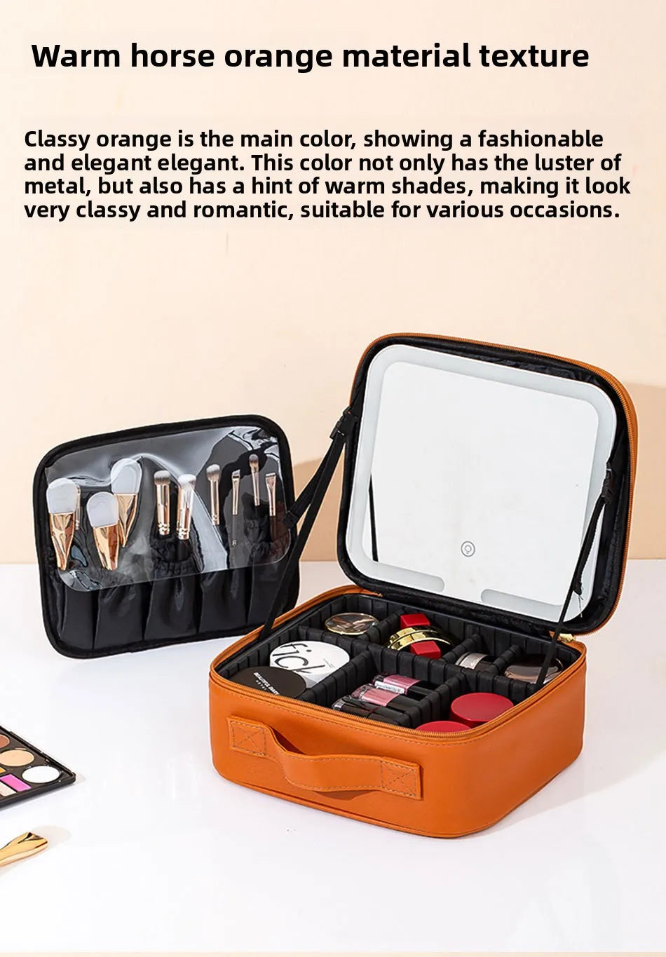 Premium LED Travel Cosmetic Bag with Mirror Women's Portable Large Capacity Makeup Brush Case Portable Partition Beauty Bag