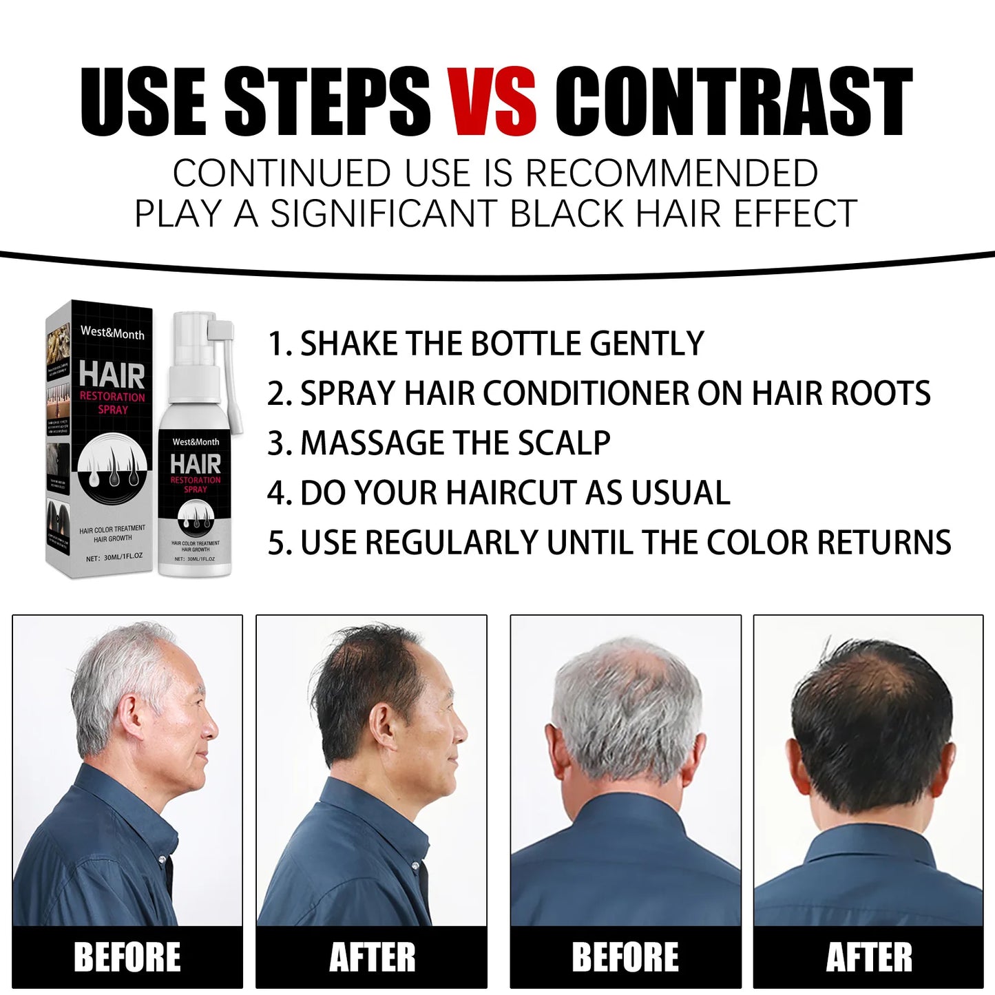 Gray White Hair Treatment Serum Spray Cover White Hair To Black Natural Color Repair Anti Loss Hair Restore Healthy Hair Care