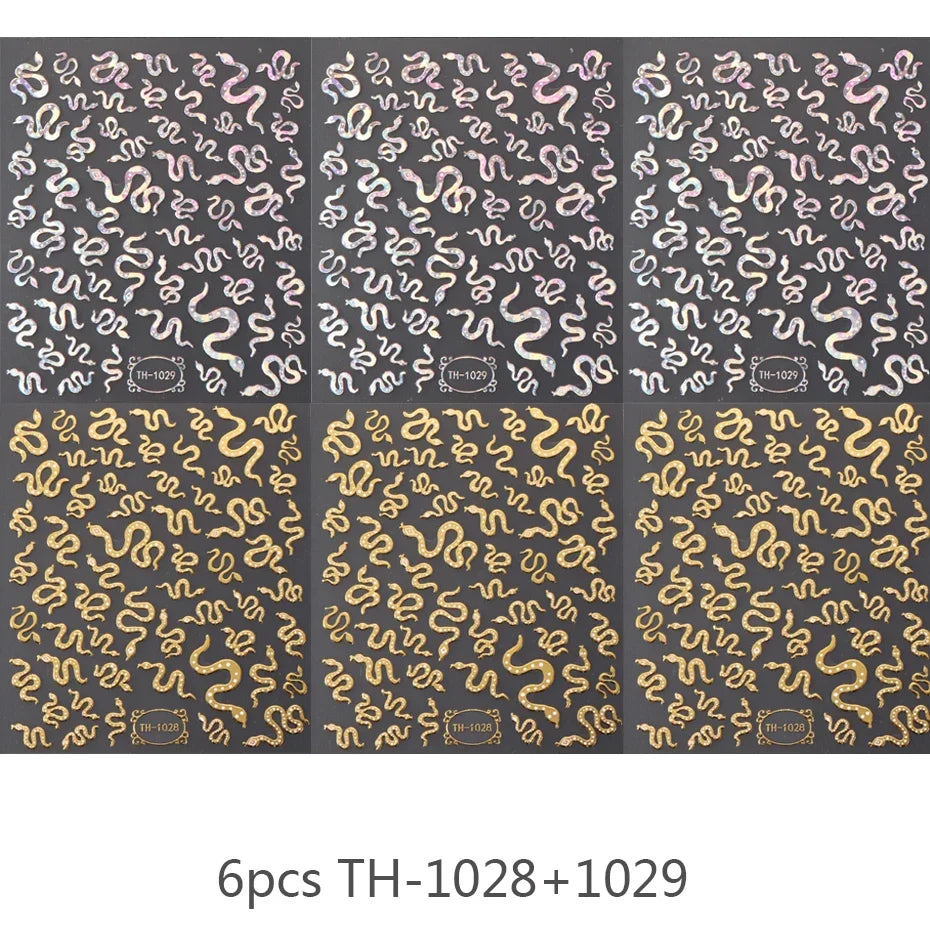 3DLaser Sakura Nail Stickers Holographic Laser Snake Pattern Slider Sakura Water Transfer Nail Decoration Set