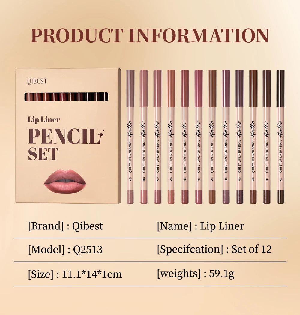 12Color Matte Lipstick Lipliner Set Nude Soft Matte Lip Liner Set Non-Drying Waterproof Plumping Outline The Lips Contour Makeup