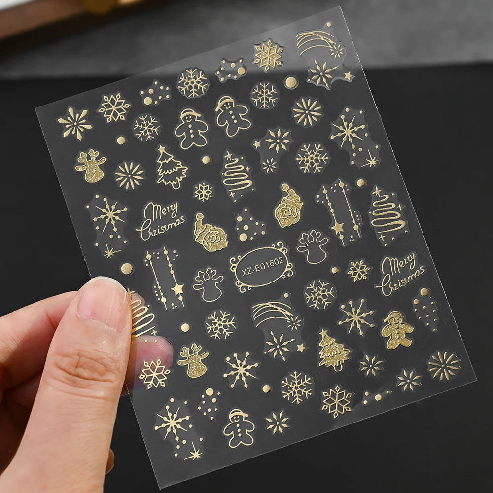 1Pcs 3D Gold Santa Claus Christmas Tree Nail Sticker Bronzing Shiny Snowflake Elk Bowknot Star Elegant Winter Xmas Nail Decals&%