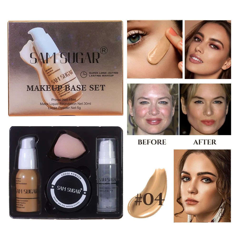 Makeup Base Set With 15ml Primer 30ml Matte Foundation 5g Loose Powder Puff For Smooth Flawless Skin Longwear