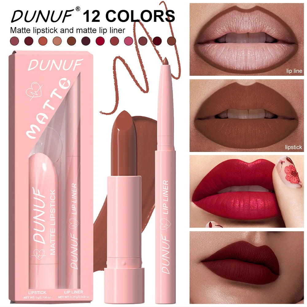 Red Brown Matte Lipstick Lip Liner Set Waterproof Long Lasting Hydrating Non Sticky Contour Lip Makeup