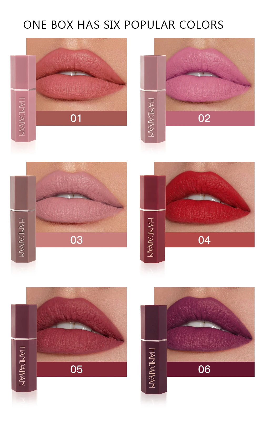 Moisturizing Matte Lipstick 6 Shades Long Lasting Non Transfer Nude Lip Gloss HANDAIYAN Cosmetics For Ladies