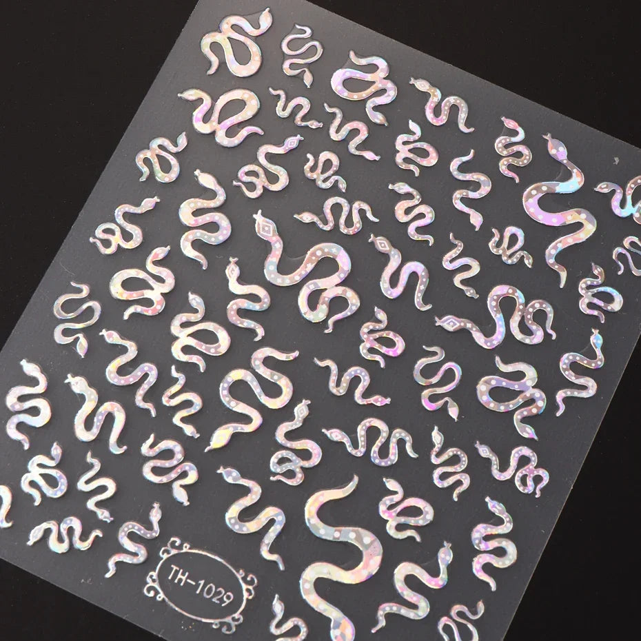 3DLaser Sakura Nail Stickers Holographic Laser Snake Pattern Slider Sakura Water Transfer Nail Decoration Set
