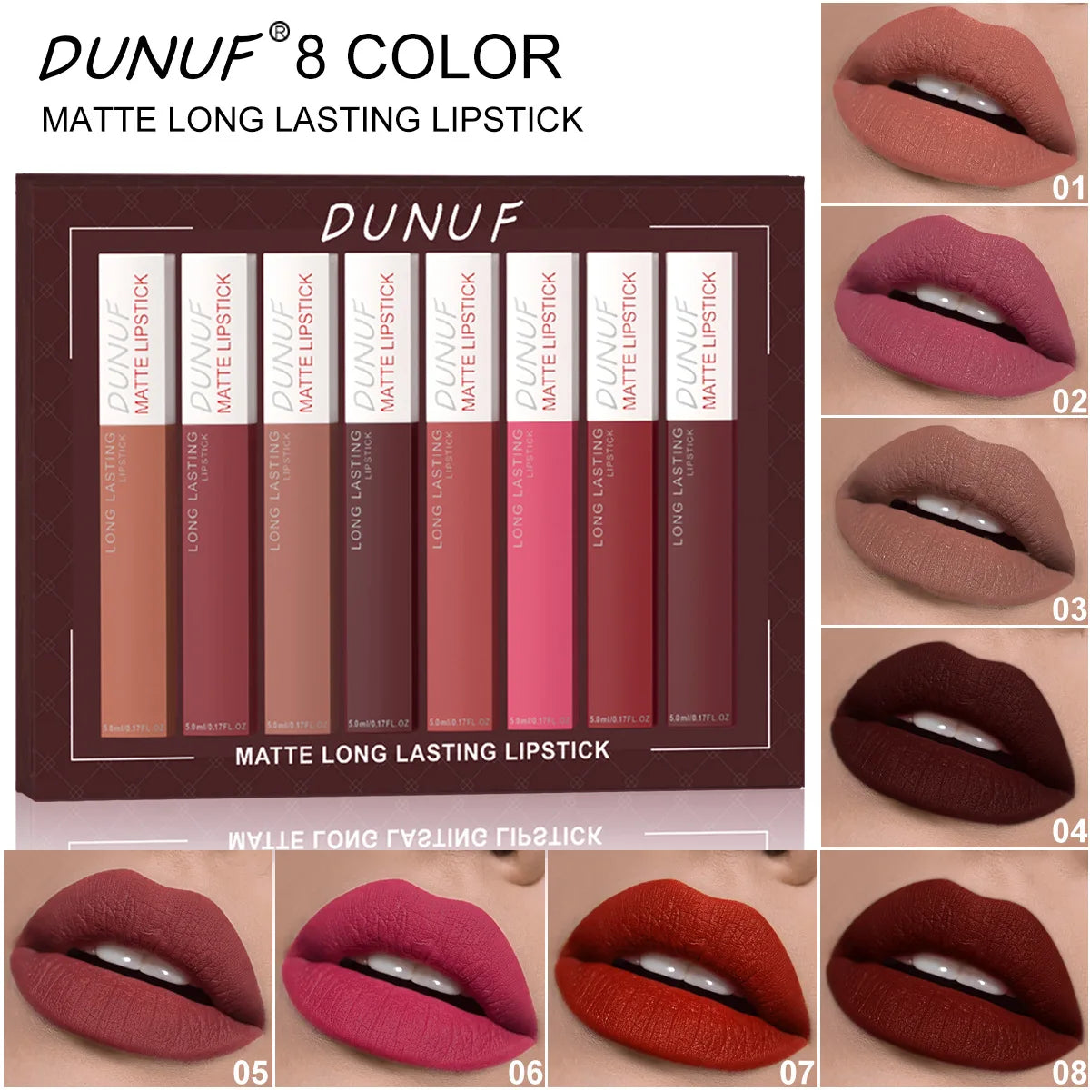8PCS Long Lasting Matte Lipstick Set Waterproof Non Sticky Lip Glaze Never Fade Non Transfer Lipgloss