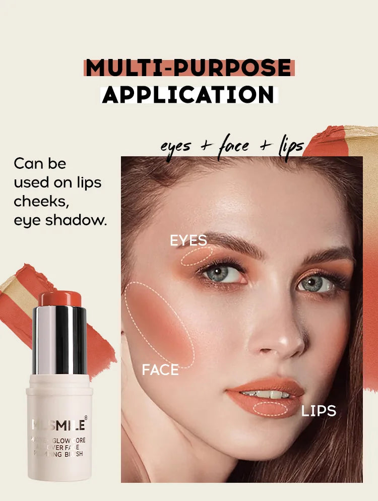 Multi-Tone Creamy Blush Stick Makeup Long-Lasting Waterproof Simple High-End Lip Cheek Tint High Pigment Hydrating Pink Blusher