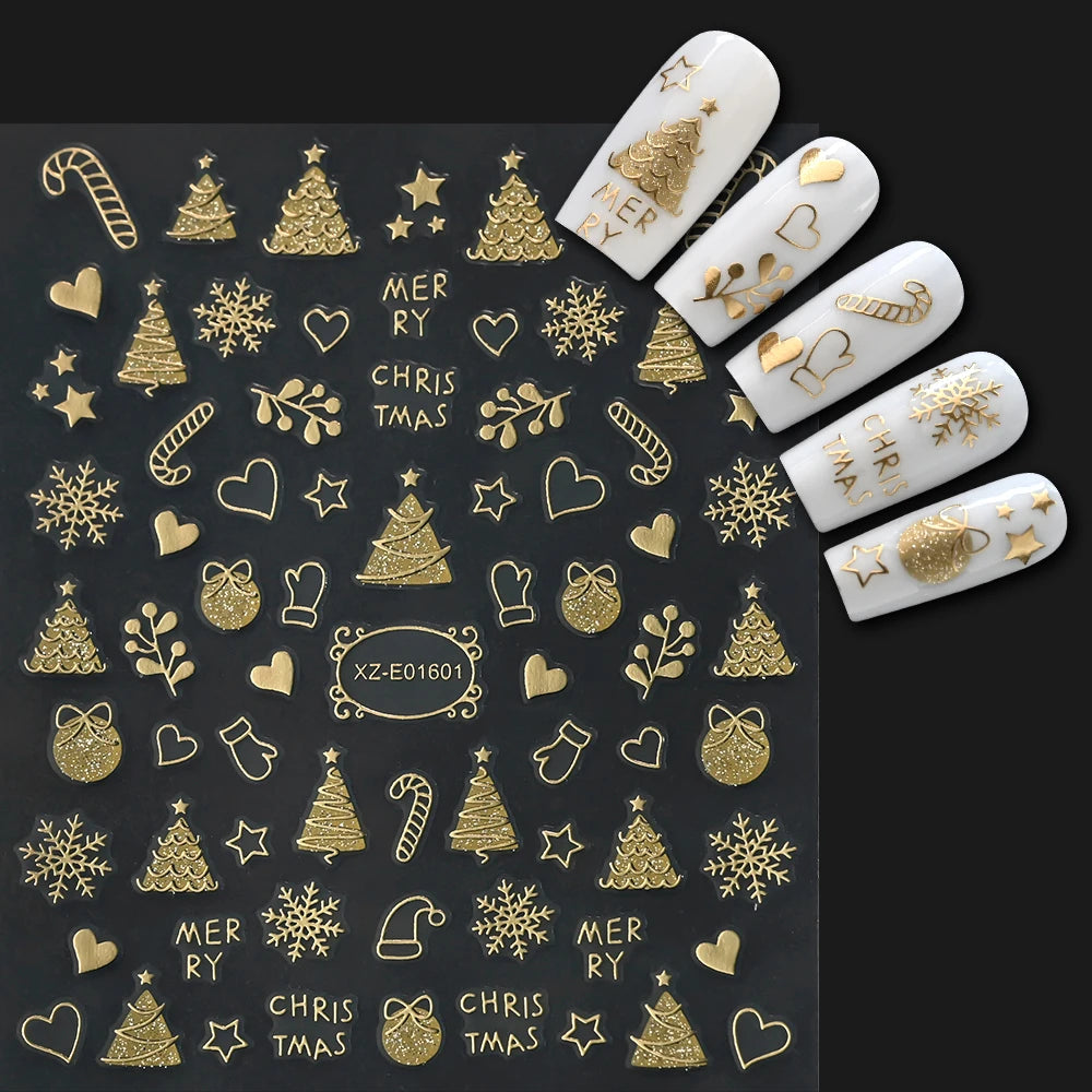 2pcs Luxury Gold Christmas 3D Nail Sticker Glitter Snowflakes Xmas Tree Gingerbread Nail Decals Adhesive Winter Xmas Nail Slider
