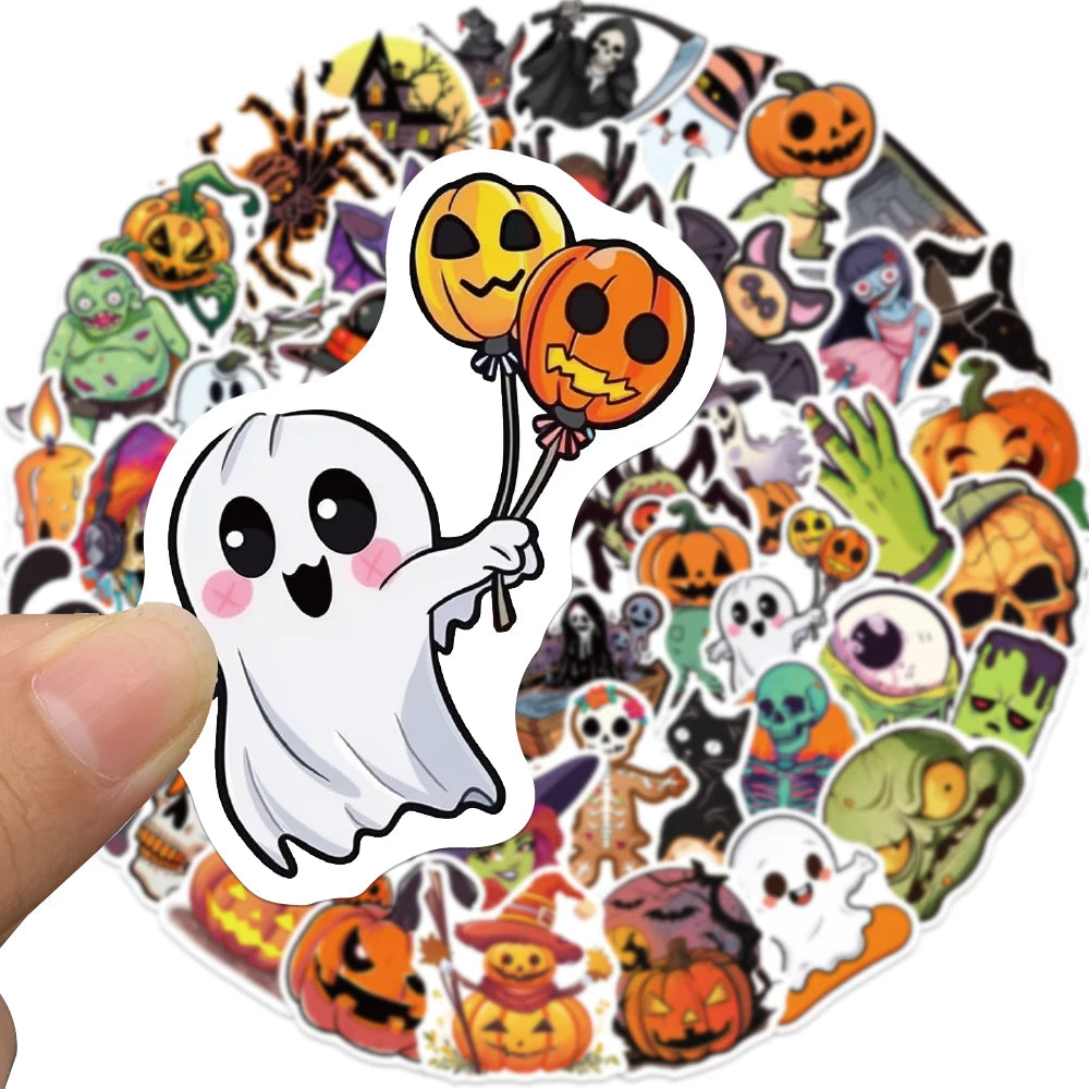50PCS Cute Halloween Stickers Cartoon Ghost Pumpkin Castle Black Cat Pumpkin Skull Bat Creative Personality Celebration Festival