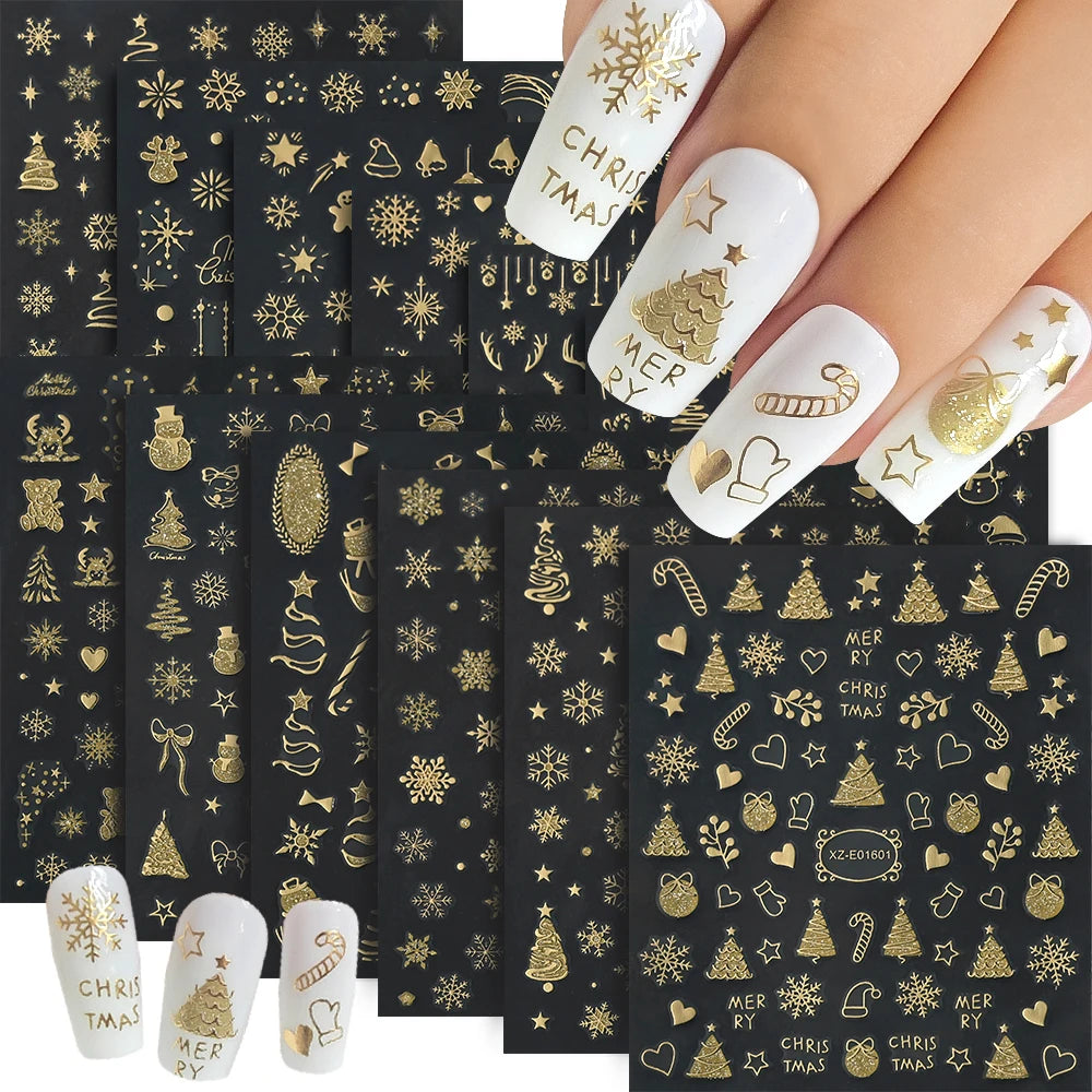 1Pcs 3D Gold Santa Claus Christmas Tree Nail Sticker Bronzing Shiny Snowflake Elk Bowknot Star Elegant Winter Xmas Nail Decals&%