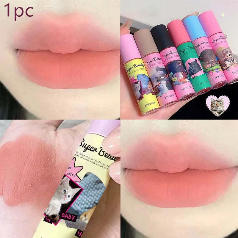 1PC/3PC Lovely Cat Collage Lipgloss Long Lasting Matte Lipstick Lip Makeup Tint Nude Red Lipgloss Waterproof Lipstick Cosmetics