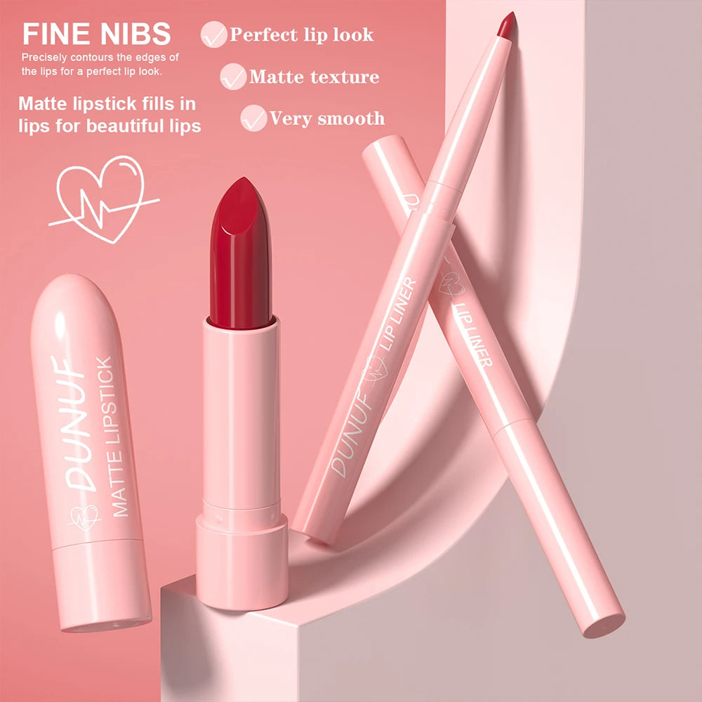 Red Brown Matte Lipstick Lip Liner Set Waterproof Long Lasting Hydrating Non Sticky Contour Lip Makeup