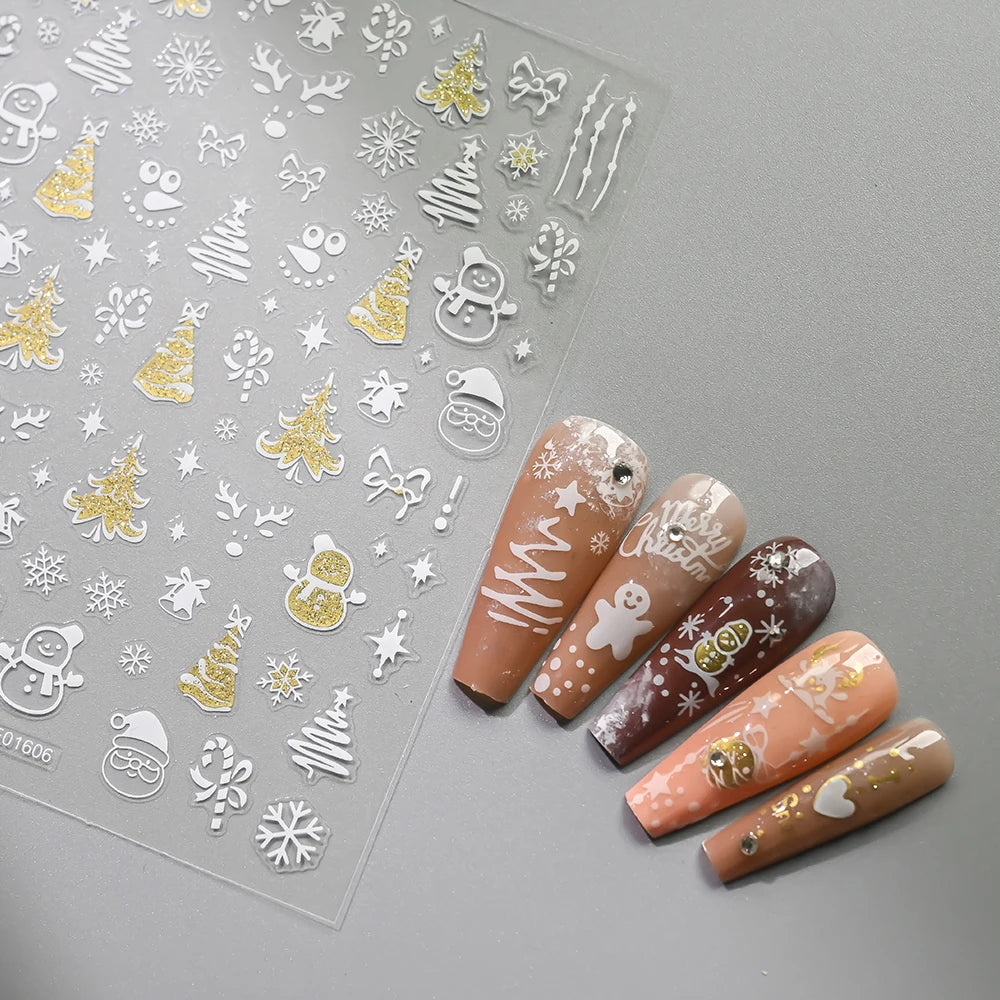 12pcs Christmas Golden Glitter Nail Stickers - Sparkling White Snowflakes, Christmas Trees Winter Nail Decoratio Manicure Decals