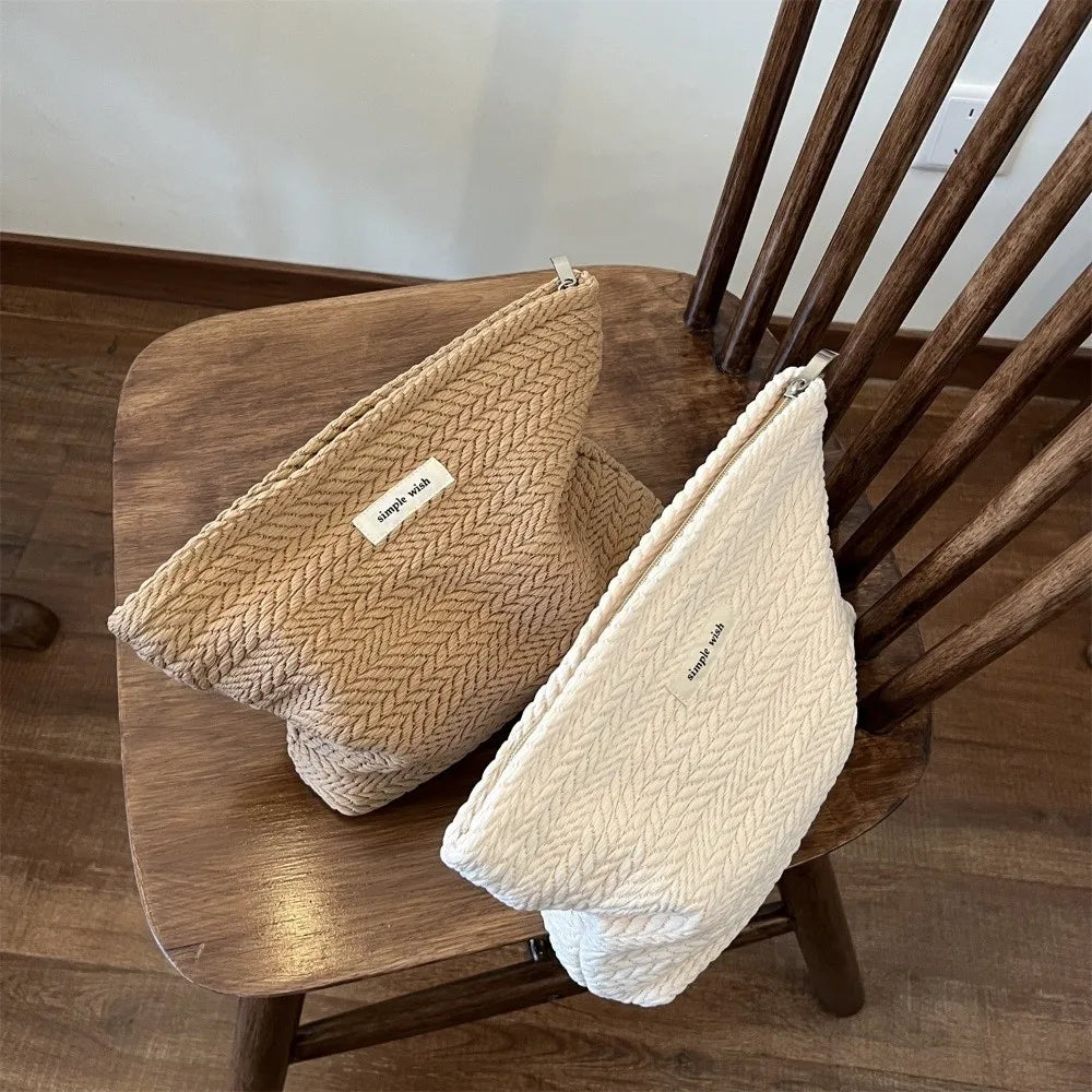 Handbag Woven Fabric Makeup Bag for Women Large Capacity Solid Color Cosmetic Pouch Small Organizer Zipper Beauty Case Travel