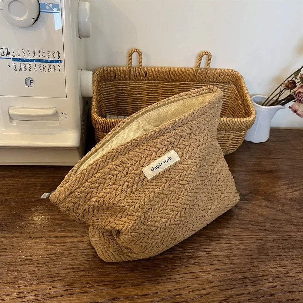 Handbag Woven Fabric Makeup Bag for Women Large Capacity Solid Color Cosmetic Pouch Small Organizer Zipper Beauty Case Travel