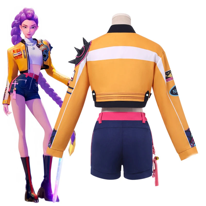 Rumi Cosplay Costume Anime Movie KPop Demon Hunters Yellow Jacket Huntrix Uniform Earrings Shorts Halloween Women Girls