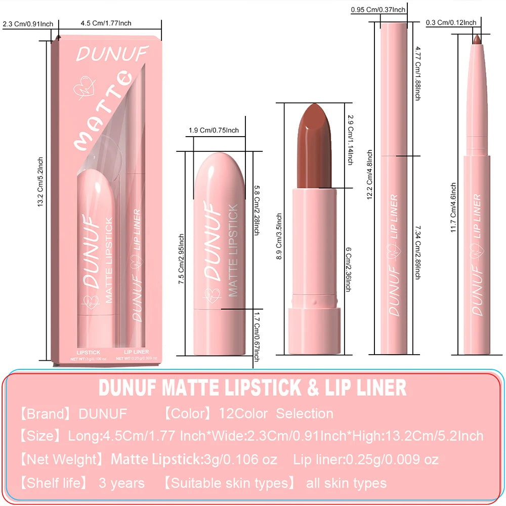 Red Brown Matte Lipstick Lip Liner Set Waterproof Long Lasting Hydrating Non Sticky Contour Lip Makeup