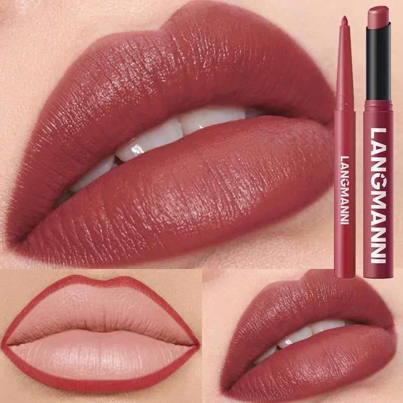 2Pcs/Set Matte Lipstick Lip Liner Pencil Non-Stick Cup Long-Lasting Velvet Red Lipstick Pen Smooth Lipliner Waterproof Makeup