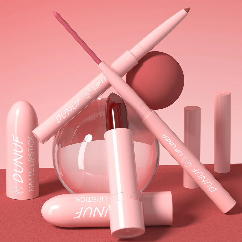 Red Brown Matte Lipstick Lip Liner Set Waterproof Long Lasting Hydrating Non Sticky Contour Lip Makeup