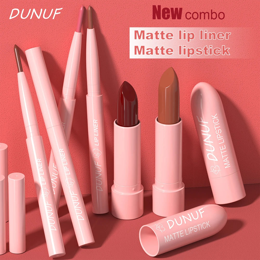 Red Brown Matte Lipstick Lip Liner Set Waterproof Long Lasting Hydrating Non Sticky Contour Lip Makeup
